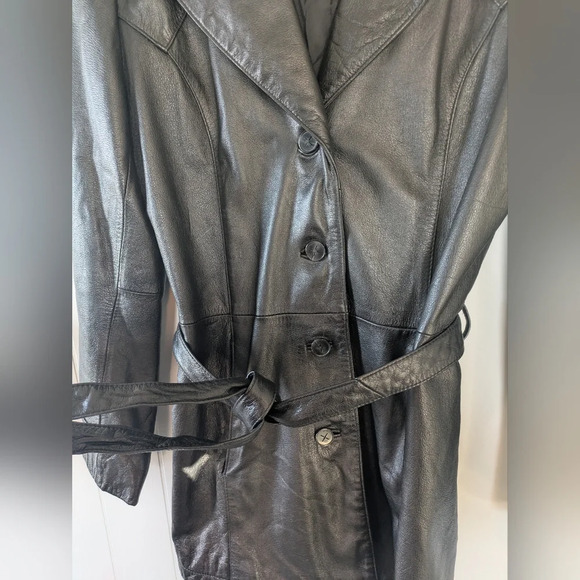 Colebrook Black Leather Belted Jacket XL Long Cinched Waist Coat Vintage Style - Picture 3 of 7